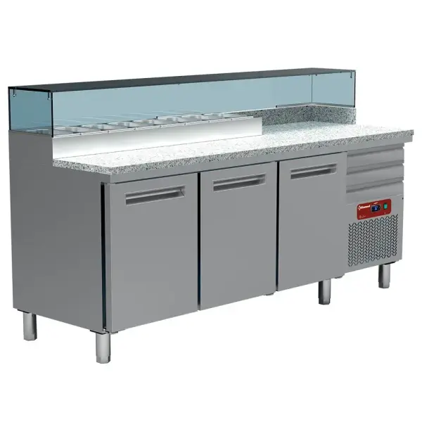 Pizzeria koeltafel, 3 deuren EN 600x400, 3 neutrale laden EN 600x400, gekoelde structuur 8x GN 1/4 - Main Image