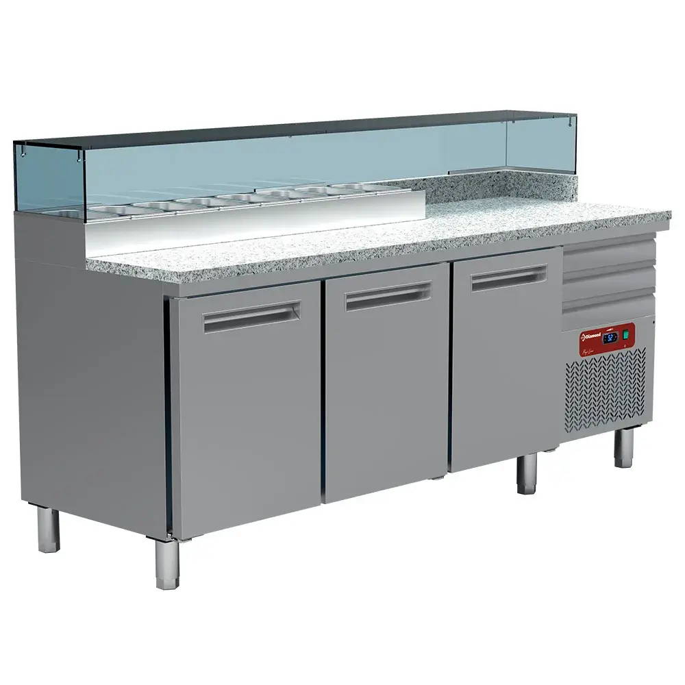 Pizzeria koeltafel, 3 deuren EN 600x400, 3 neutrale laden EN 600x400, gekoelde structuur 8x GN 1/4 - Main Image