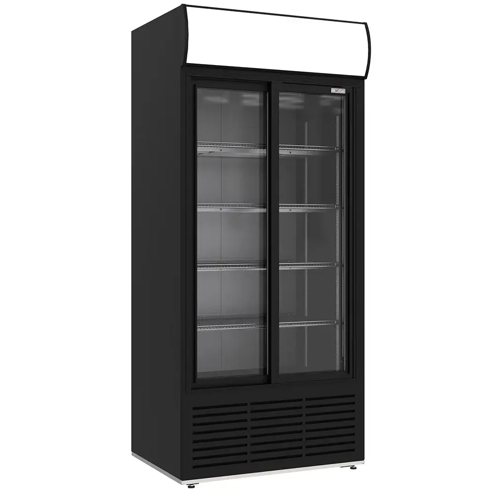 Vitrinekast positieve geventileerd, 783 liter, 2 schuifdeuren, met lichtbak, ZWART - Main Image
